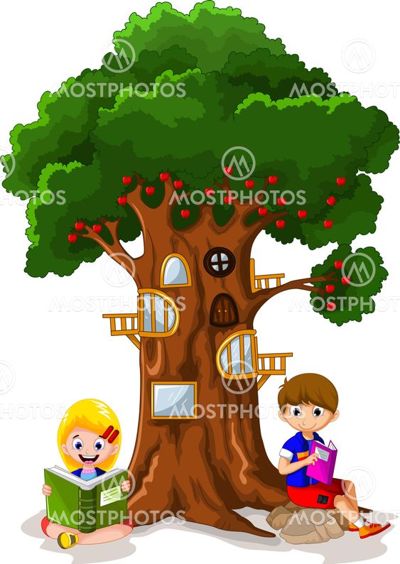 two child cartoon reading book under apple tree house