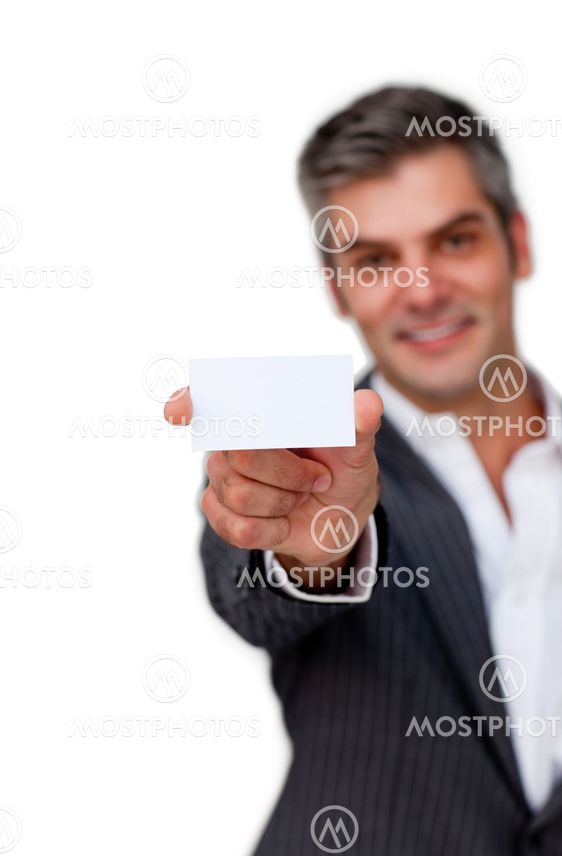 Confident businessman holding a white card