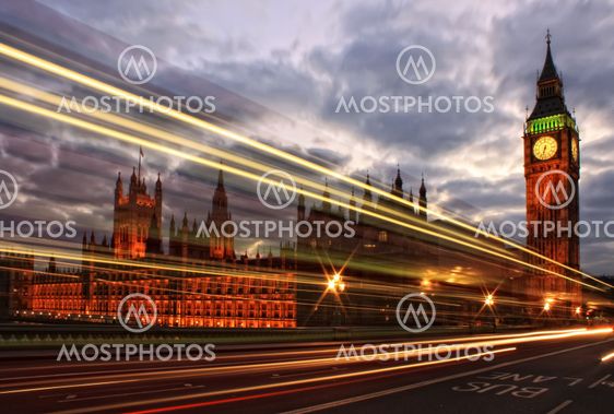 Bus Light Trails past Westminster at night