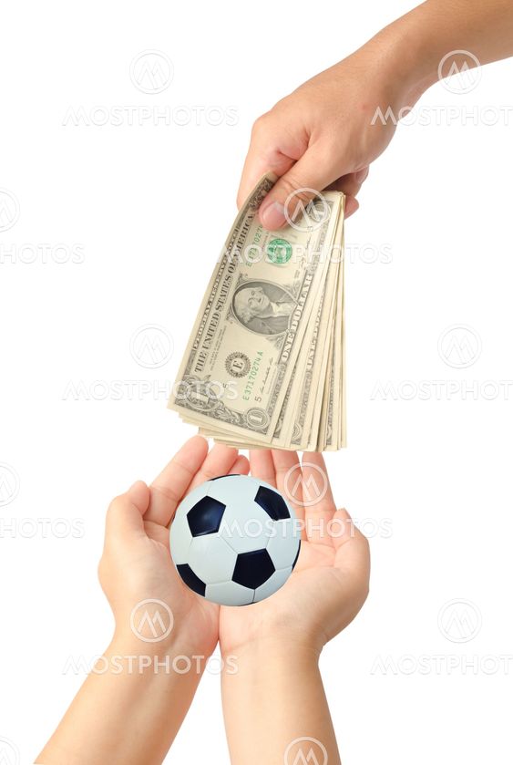 Hand give dollars for soccer on white background
