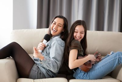 Sisters on the couch having fun time