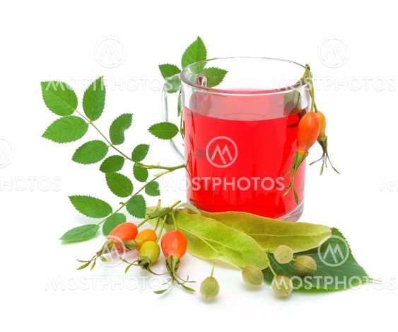 tea from berries rose hips and linden seeds on a white background