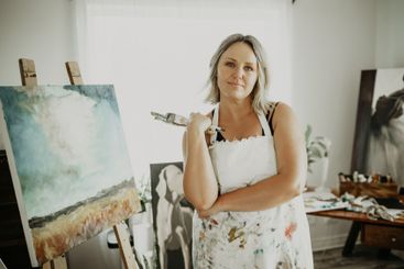 Canvas, painting and portrait of woman in studio for...