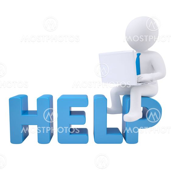 3d man sitting with a laptop on the word help