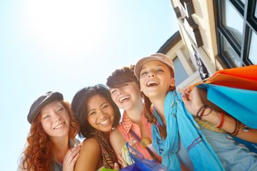 Outdoor, portrait and teenage girls with bags, retail...