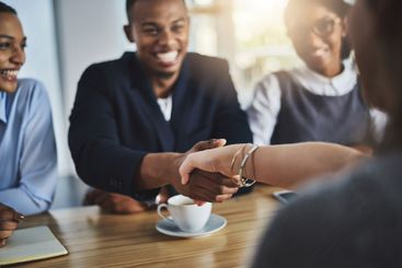 Business people, handshake closeup or meeting for...