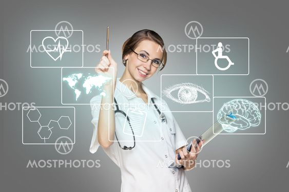 Female doctor in uniform touch hexagon with icons