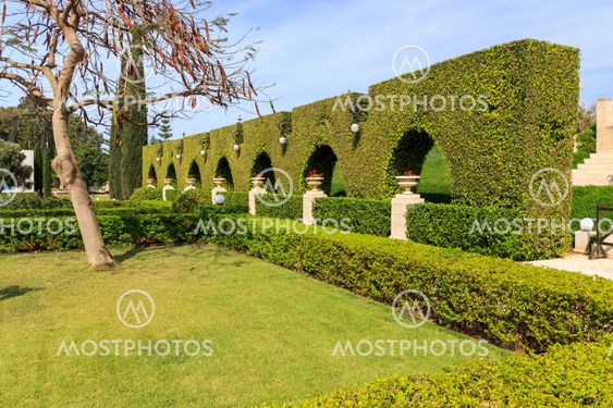 decorative green fence and flower pots with geranium in the city park