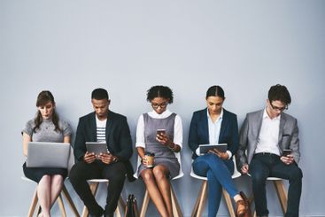 Hiring, waiting room and row of people with tech,...