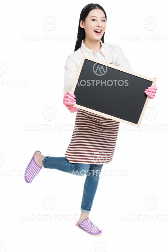 cleaning woman showing blank sign board