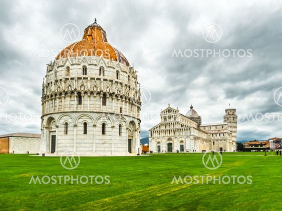Pisa tower, baptistry and cathedral in Piazza dei Miracoli, Italy