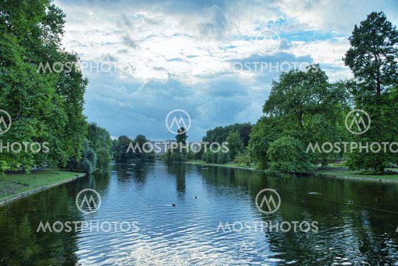 Buckingham Palace and gardens in London in a overcast...