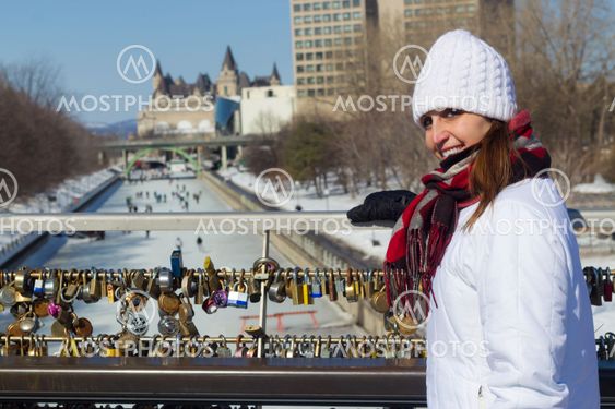 Winter portrait of a woman at the Ottawa Rideau Canal...