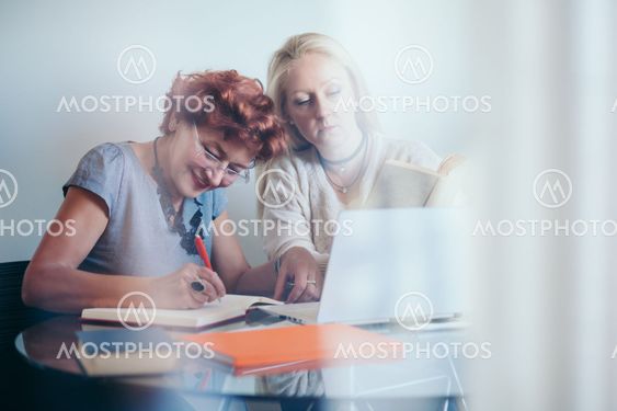 Two businesswoman exchanging ideas