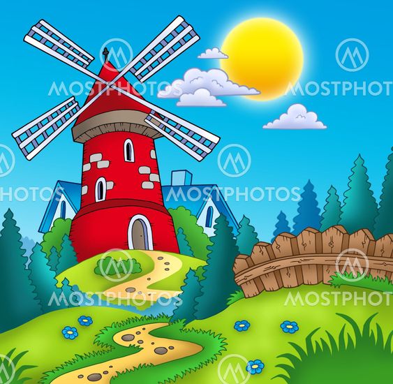 Country landscape with red mill