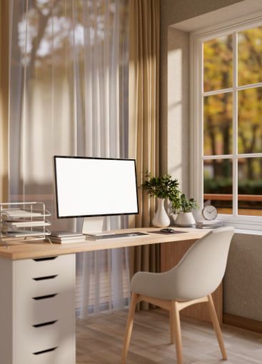 A beautiful, contemporary office or home office features...