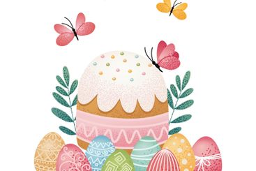 Easter cake with icing surrounded by decorated eggs
