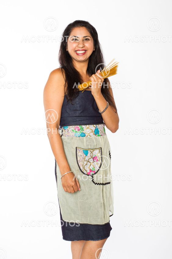Smiling Indian Woman with Pasta Indian Woman with Spaghetti