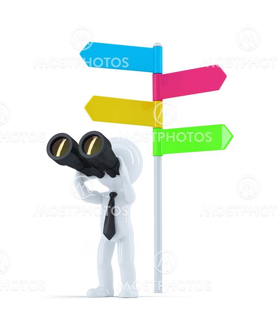 Businessman with binoculars under road sign