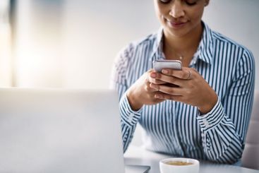 Advisory, phone and businesswoman in office for message,...