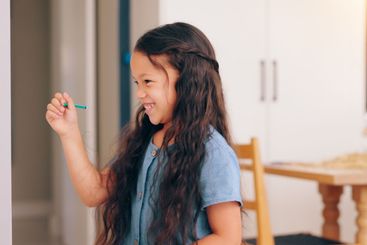 Angry mom, girl child and discipline for writing on...