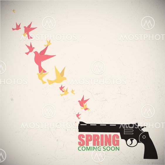 Abstract vector illustration of revolver and birds.