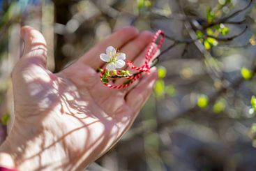Hand holding a blossoming tree branch with a traditional...