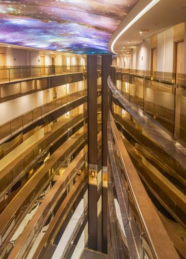 Interior of a luxury hotel lobby in the evening