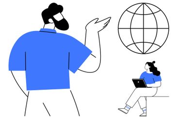 Male figure presenting with globe, female figure working...