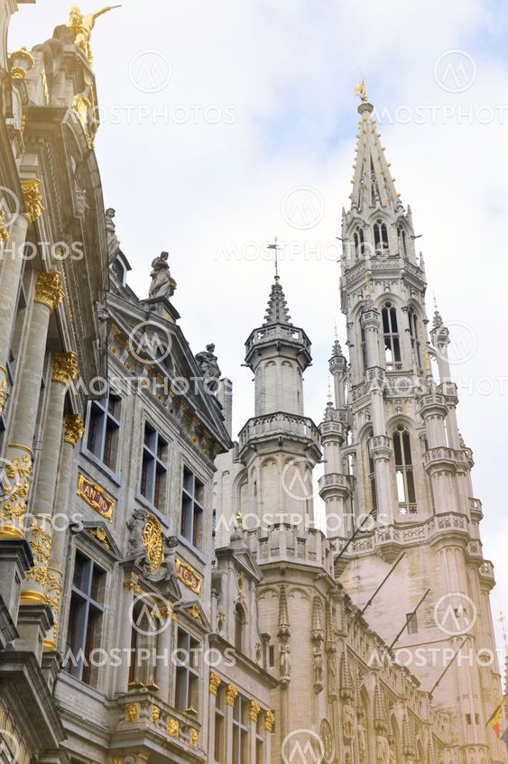 The Town Hall of the City of Brussels, a building of gothic architectural style from the middle ages located at the Grand Place in Brussels, Belgium
