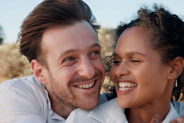 Hug, love and relax with couple in nature for travel...