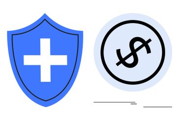 Blue shield with cross next to dollar sign inside a...