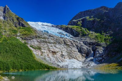 Norwegian landscape with milky blue glacier lake, glacier...