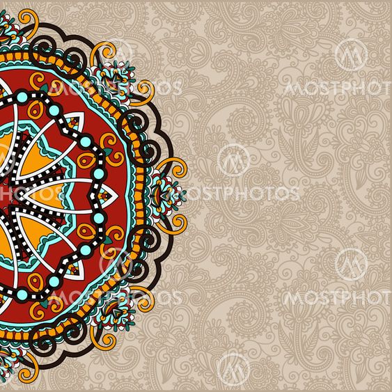 floral round pattern in ukrainian oriental ethnic style for your greeting card or invitation, template frame design for card, vintage lace doily