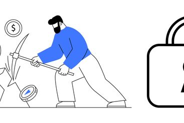 Man Breaking Rocks for Money, Lock Icon, and Car -...