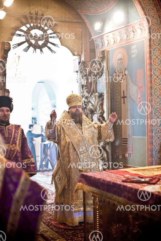 MOSCOW - MARCH 14: Orthodox liturgy with bishop Mercury in High Monastery of St Peter in Moscow on March 14, 2010 in Moscow