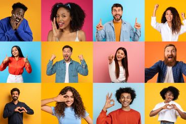 Diverse people expressing joy in a colorful collage of...