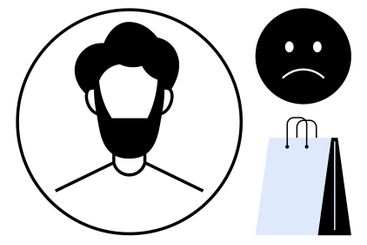 Male avatar in circle with unhappy face and shopping bag...