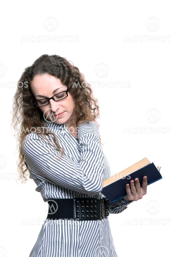 Woman reading old book isolated on white