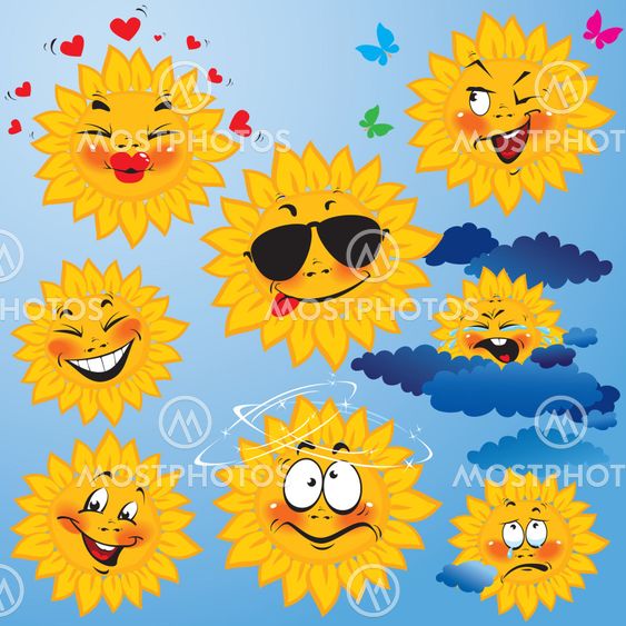 Set of cute cartoons of sun with different expressions...