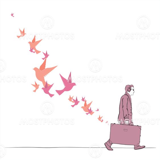 Abstract vector illustration of men with travel bag and birds.
