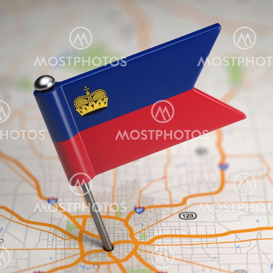 Liechtenstein Small Flag on a Map Background.