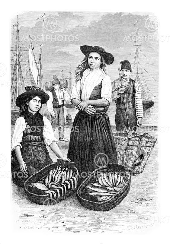 Women Fish Vendors in Lisbon, Portugal, vintage engraving