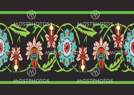 Colorful vintage wildflowers border floral background seamless vector horizontal illustration ethnic stile on black background