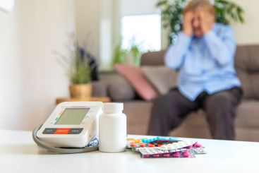 An old woman measures her blood pressure. Selective focus.
