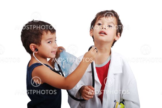 Two kids with health examination by stethoscope