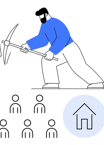 Miner Breaking Rocks with Pickaxe Near Community Symbols...