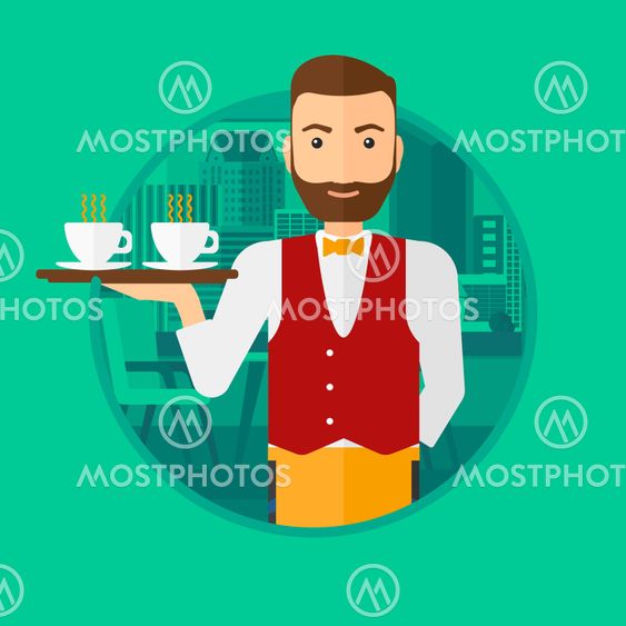 Waiter holding tray with cups of coffeee or tea.