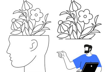 Human silhouette with blooming flowers growing from mind...