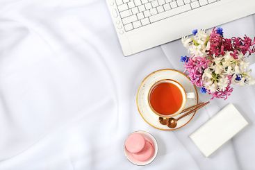 Modern feminine desk, cozy home office. Computer,...